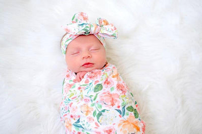 Baby Girl Newborn Peach Floral Swaddle - Mama Bijou