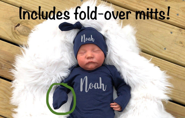 Coming Home Outfit Baby Boy, Baby Boy Personalized Gift, Newborn Romper and Headband Set, Baby Romper W/ Fold Over Mitts & Feet - Mama Bijou - Mama Bijou
