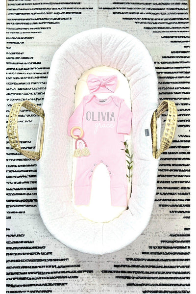 Coming Home Outfit Baby Girl, Baby Girl Personalized Gift, Newborn Romper Headband Set, Baby Romper W/ Fold Over Mitts & Feet - Mama Bijou - Mama Bijou