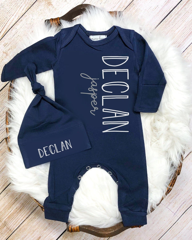 Newborn Boy Coming Home Outfit Personalized, Baby Boy Take Home Outfit, Navy Romper Fold Over Mitts & Feet, Baby Shower Gift Boy, Mama Bijou - Mama Bijou